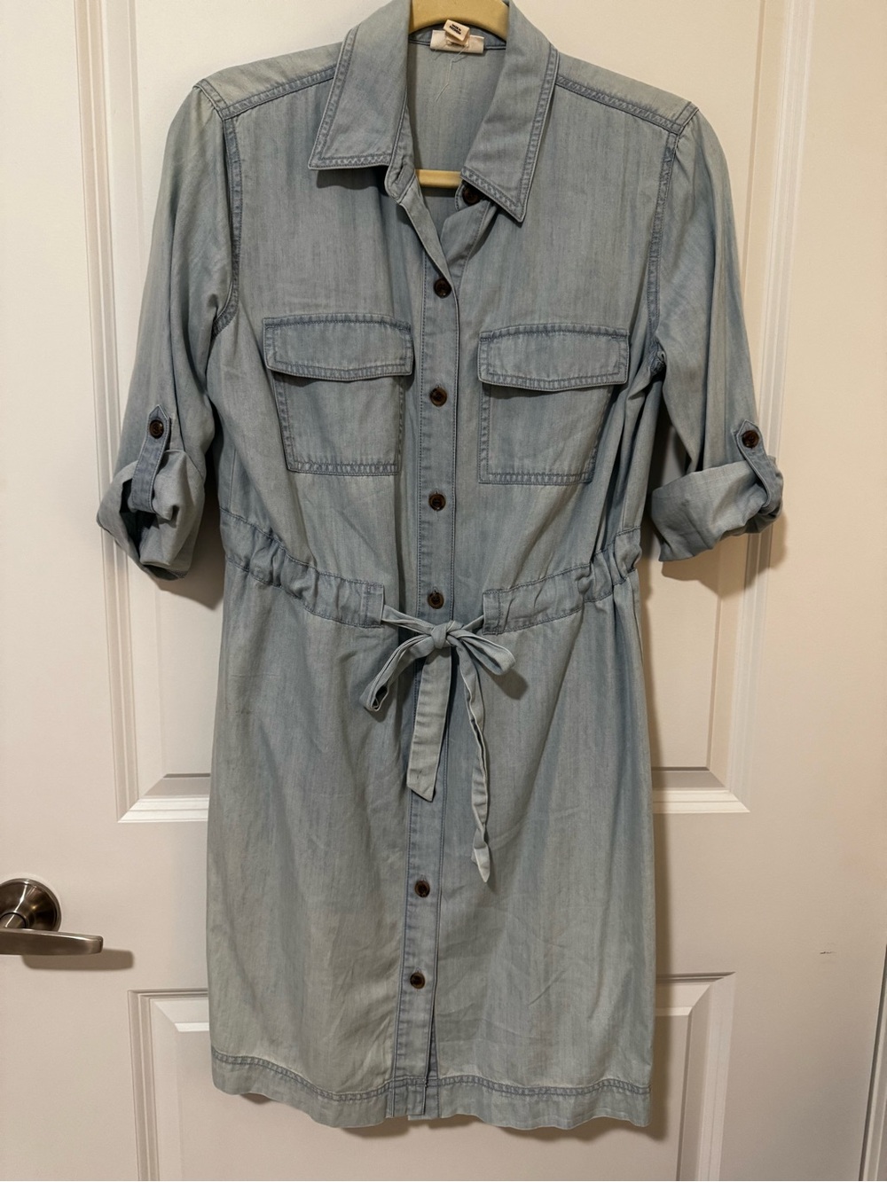 a.n.a Light Blue Chambray Midi Shirt Dress with Tie Waist